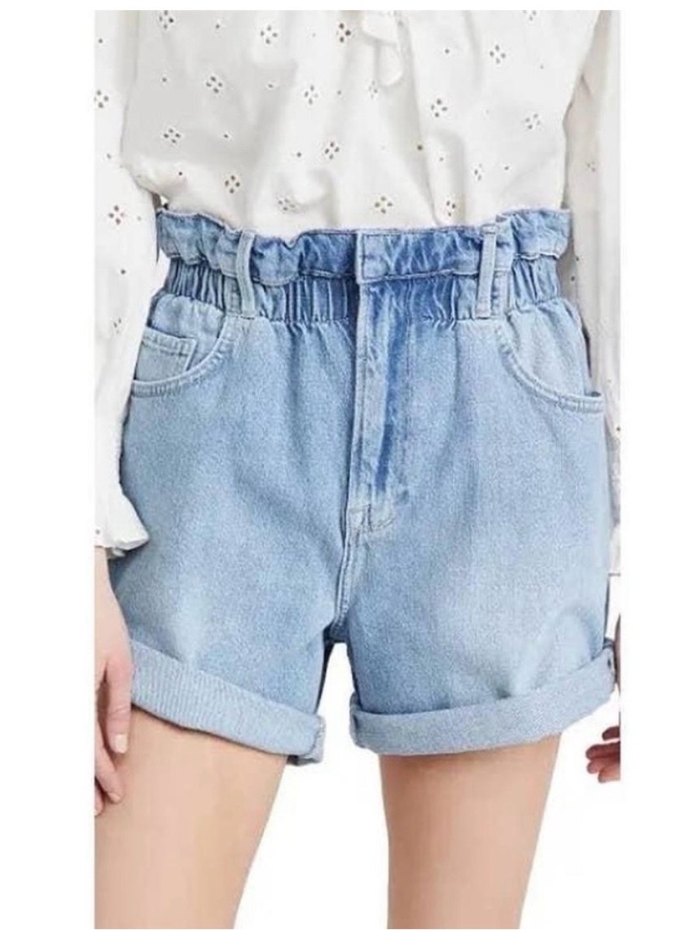 Frame Denim Light Wash Paperbag Waist Rolled Hem Jean Shorts